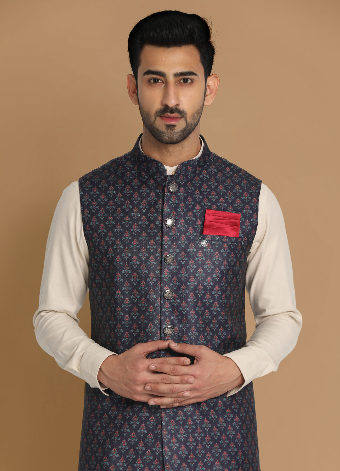 Manyavar Men Navy Blue Printed Modi Jacket