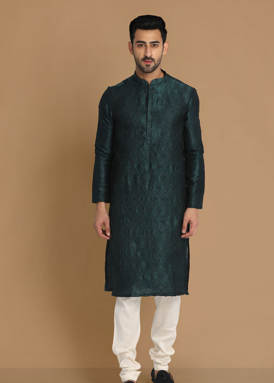 Manyavar Men Sober Bottle Green Kurta Pajama