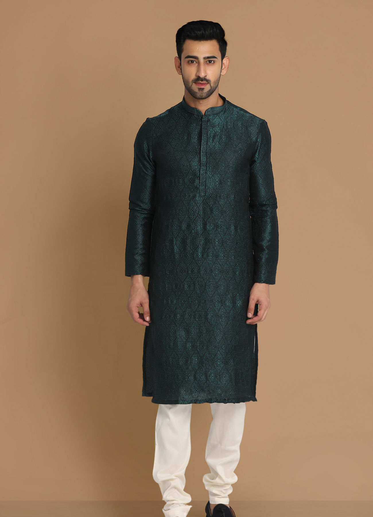 Manyavar Men Sober Bottle Green Kurta Pajama