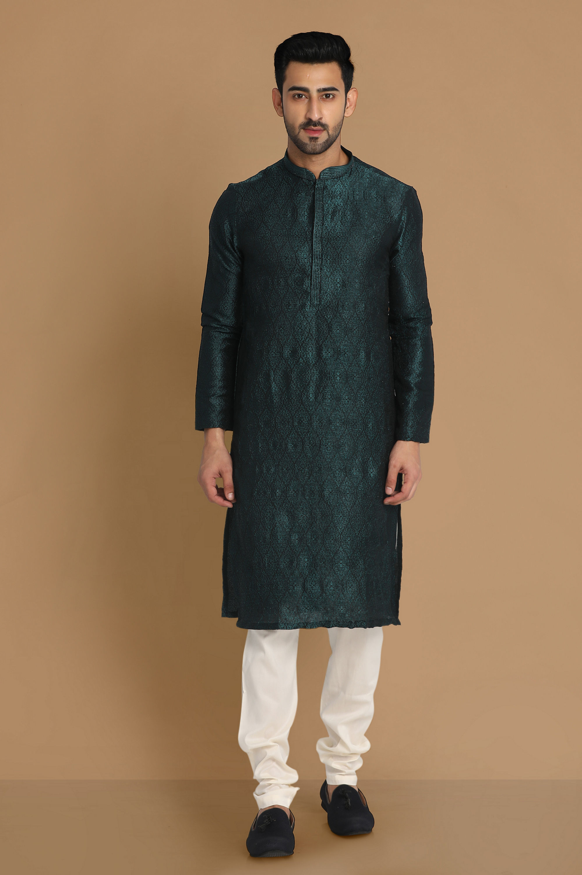 Manyavar Men Sober Bottle Green Kurta Pajama