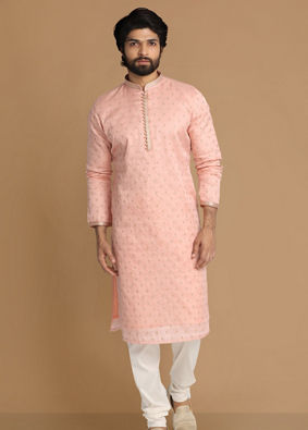 alt message - Manyavar Men Light Pink Kurta Pajama With Minimalist Motifs image number 1