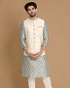 alt message - Manyavar Men Sea Shell White Self Design Modi Jacket image number 1