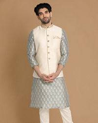 Manyavar Men Sea Shell White Self Design Modi Jacket