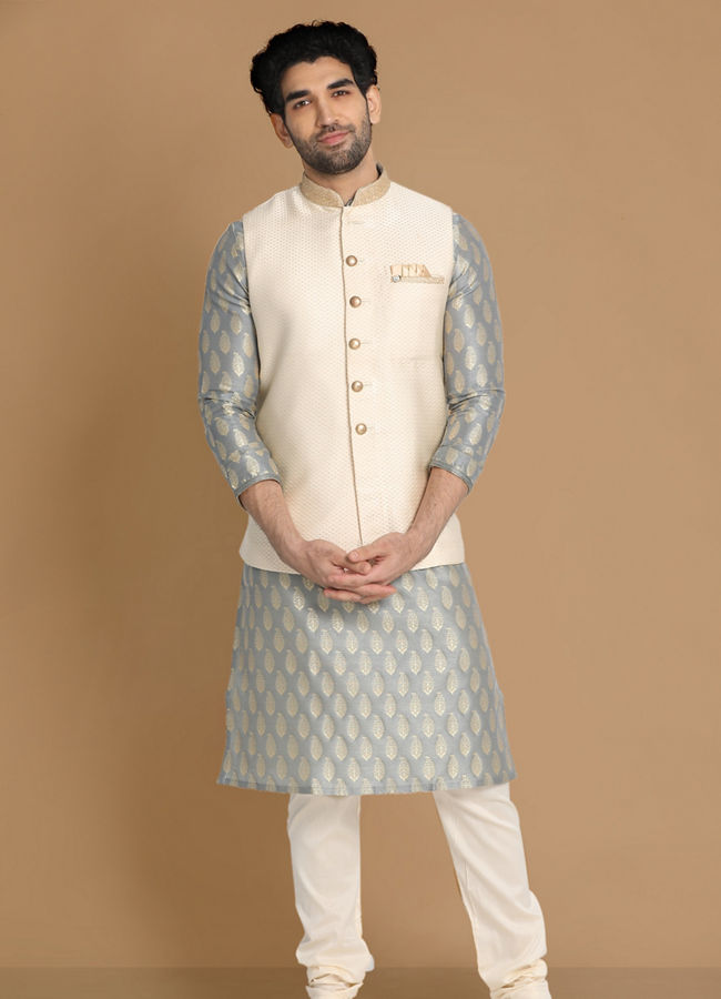 alt message - Manyavar Men Sea Shell White Self Design Modi Jacket image number 1