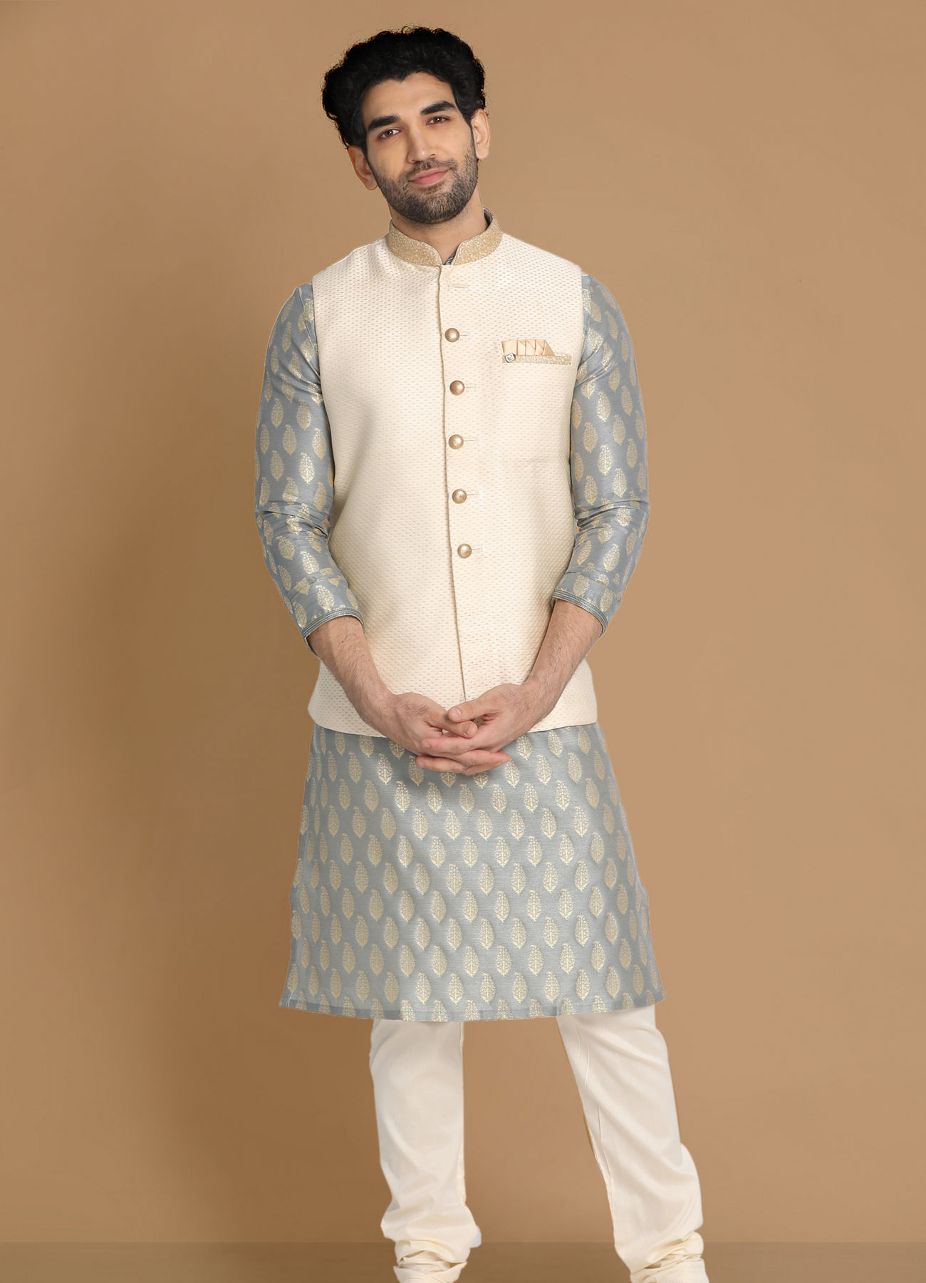 Manyavar Men Sea Shell White Self Design Modi Jacket