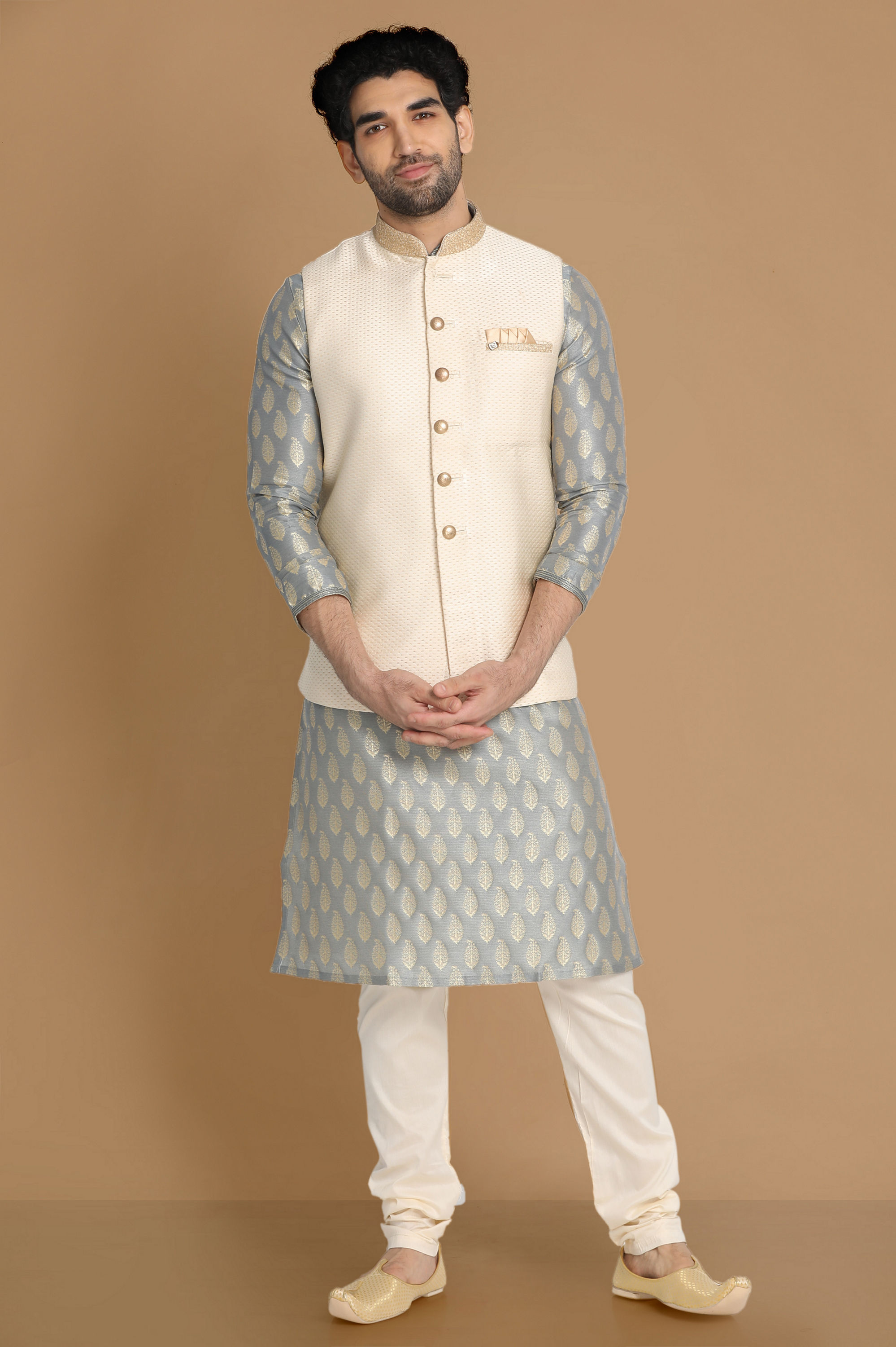 Manyavar Men Sea Shell White Self Design Modi Jacket