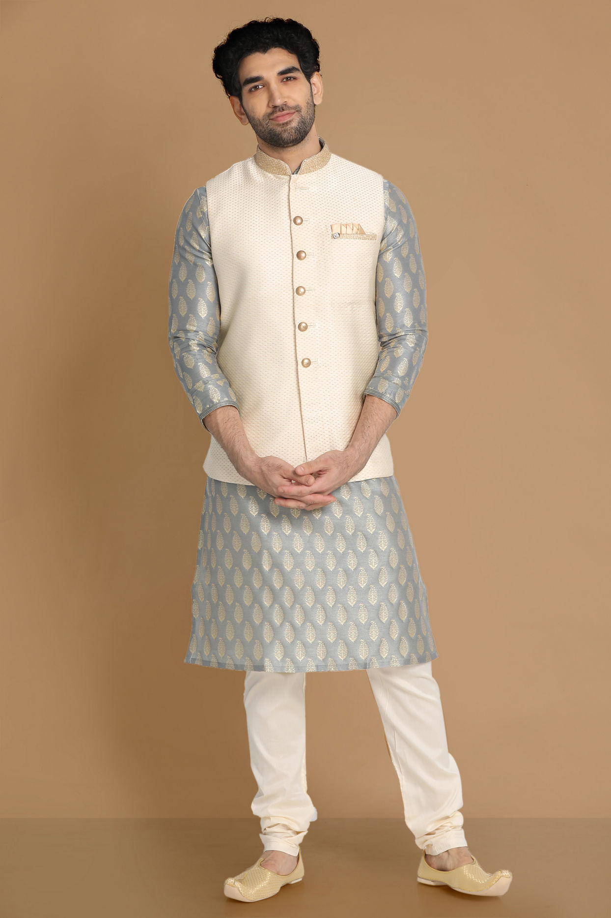 alt message - Manyavar Men Sea Shell White Self Design Modi Jacket image number 1