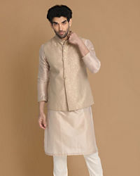 Manyavar Men Floral Patterned Cream Kurta Jacket Set