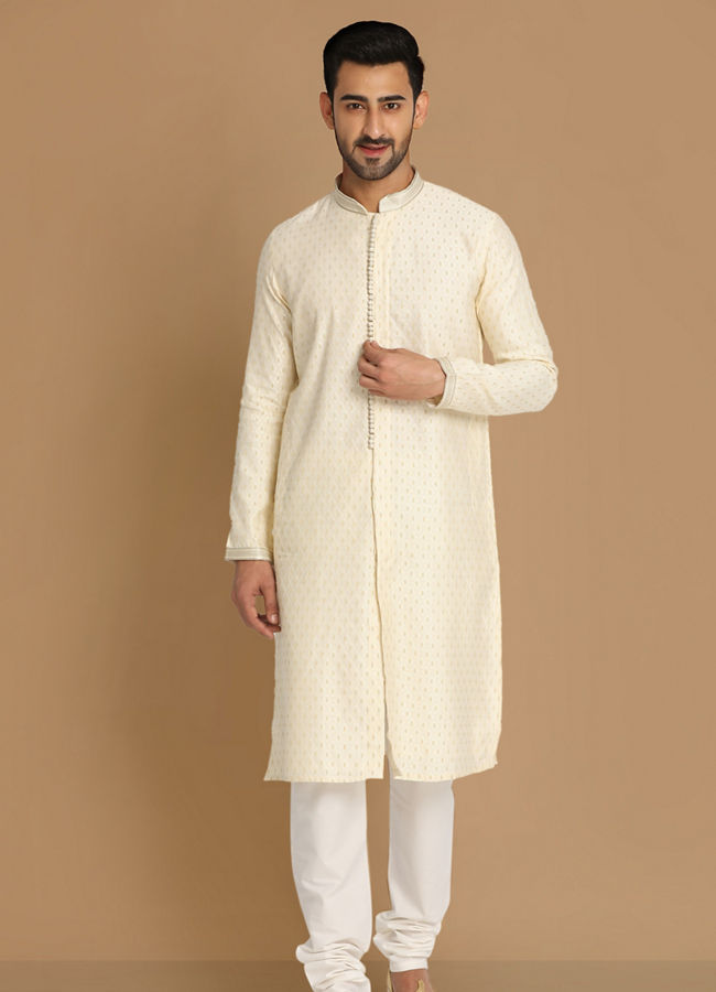 alt message - Manyavar Men Sea Shell White Self Motif Kurta Pajama image number 1