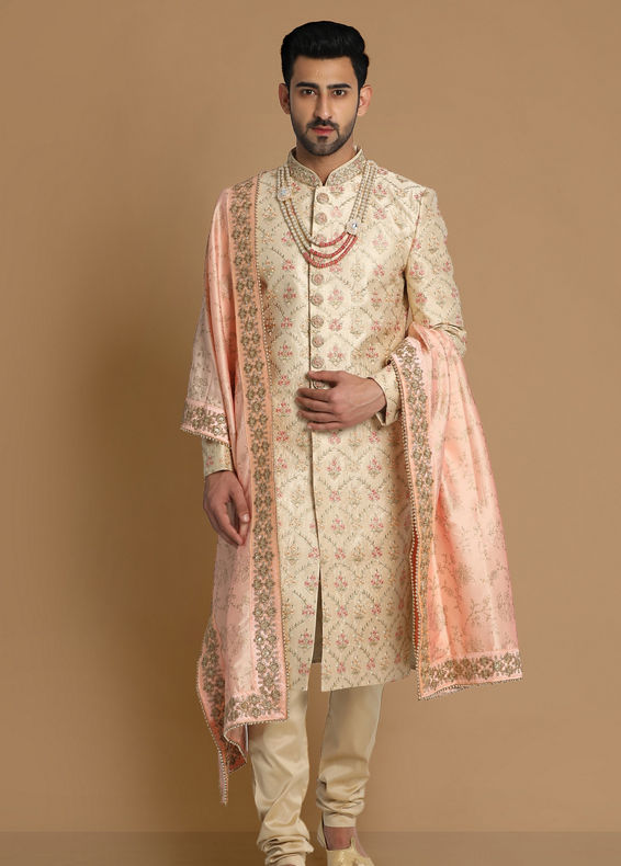 Manyavar Men Resplendent Beige Sherwani