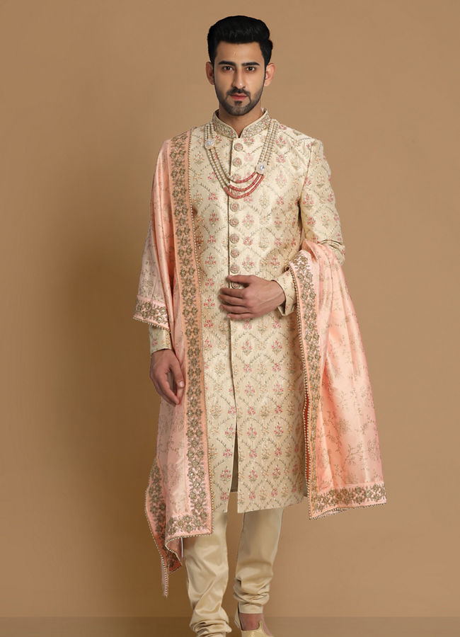 alt message - Manyavar Men Resplendent Beige Sherwani image number 1