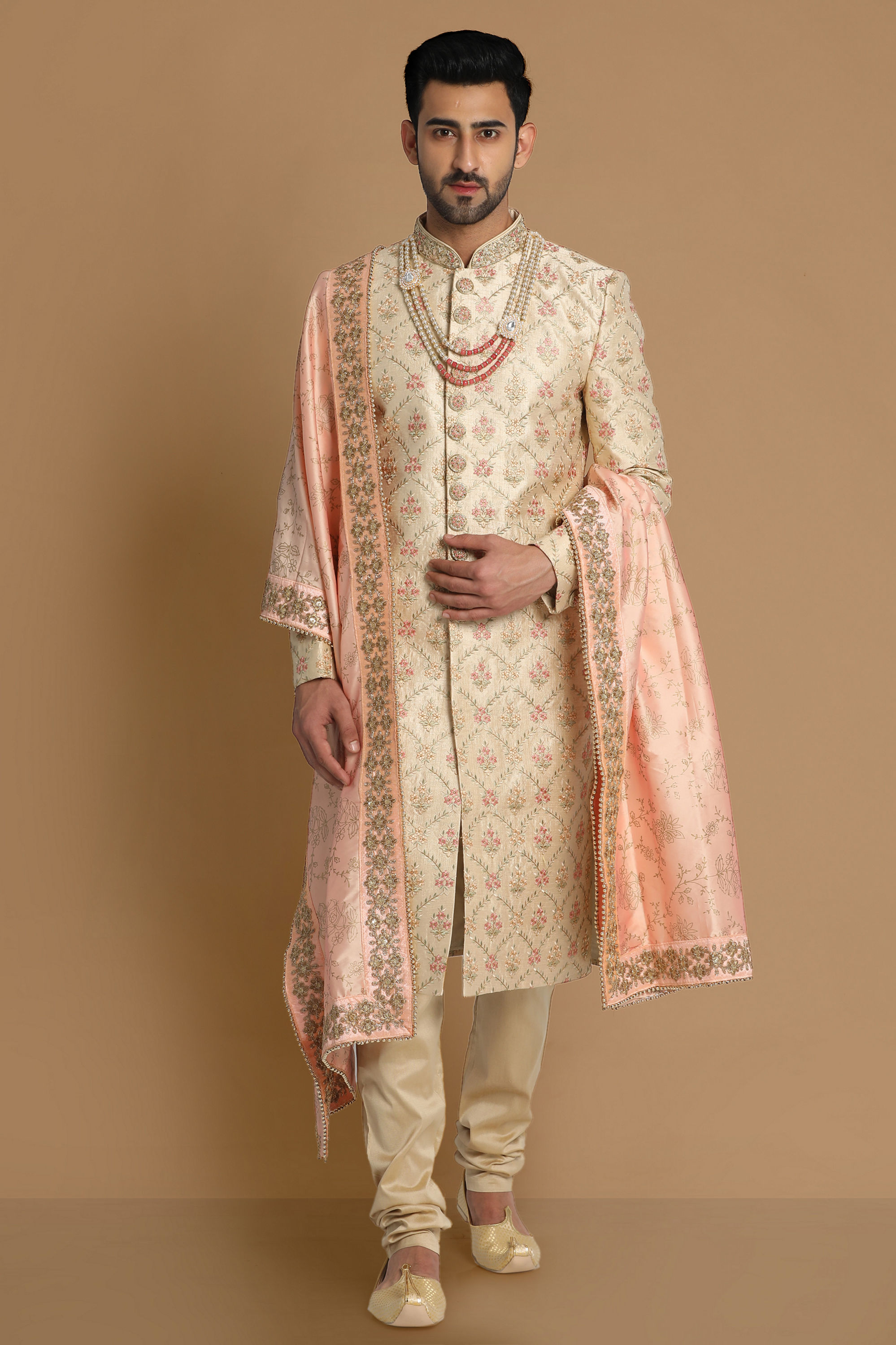 Manyavar Men Resplendent Beige Sherwani