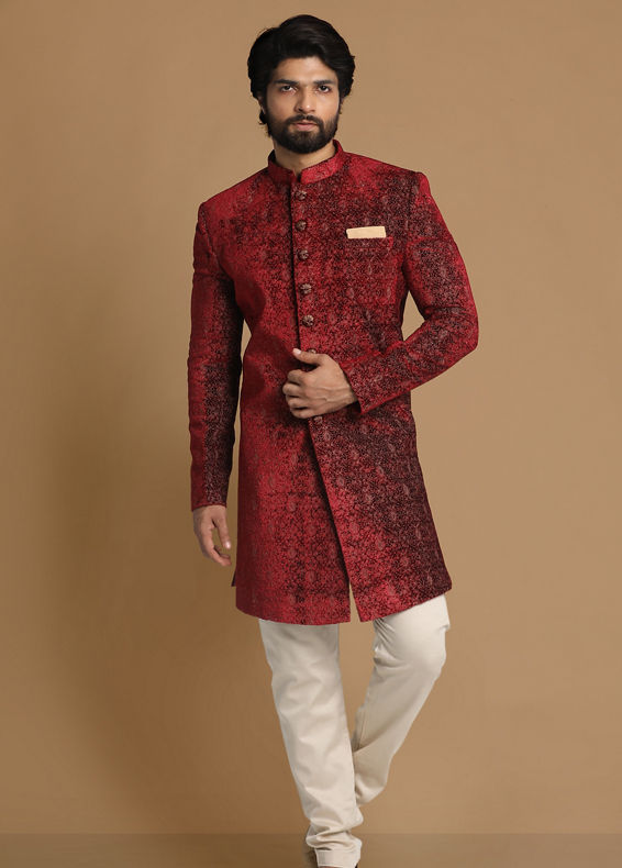 Manyavar Men Regal Maroon Indo Western Set
