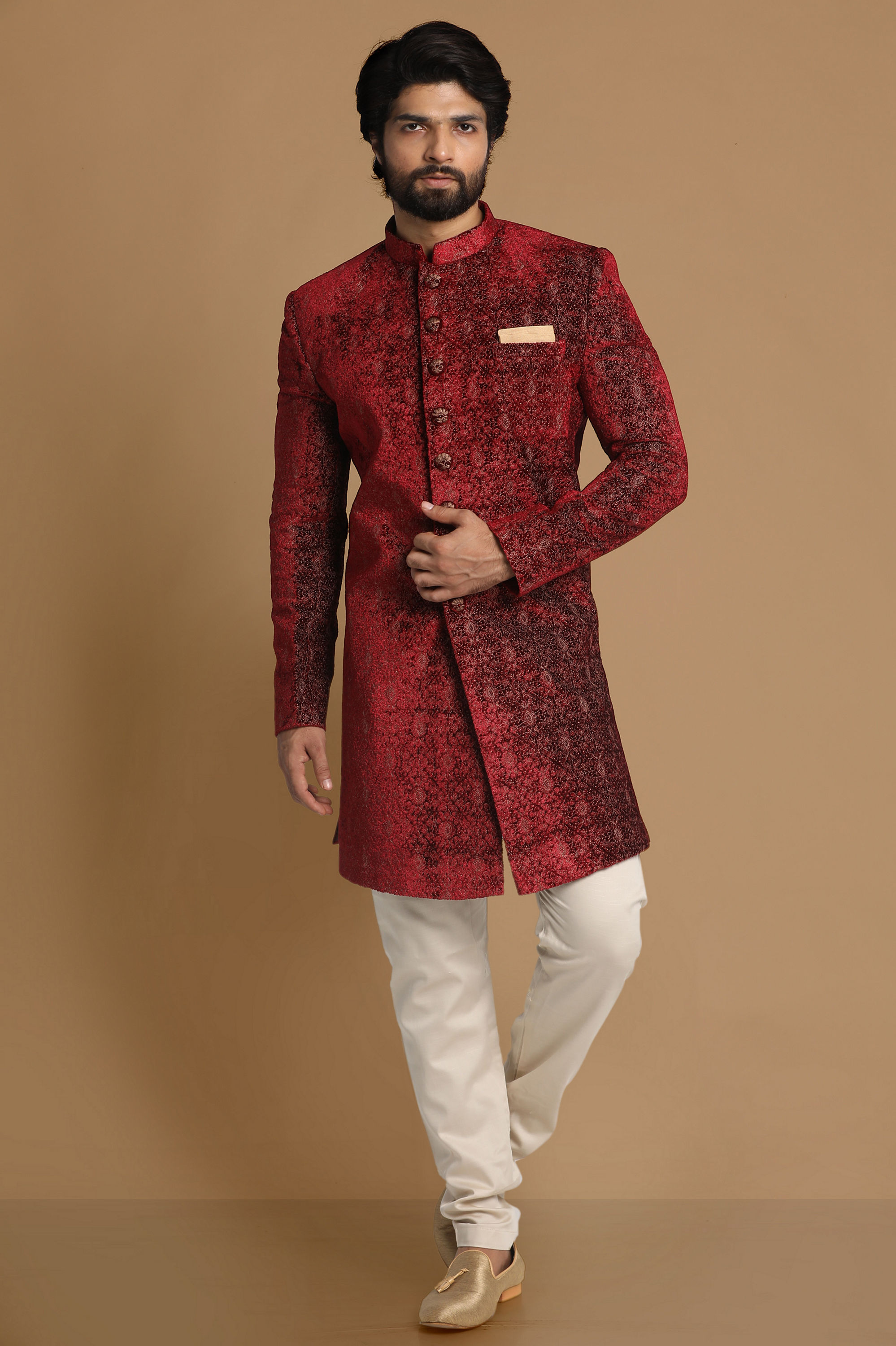 Manyavar Men Regal Maroon Indo Western Set