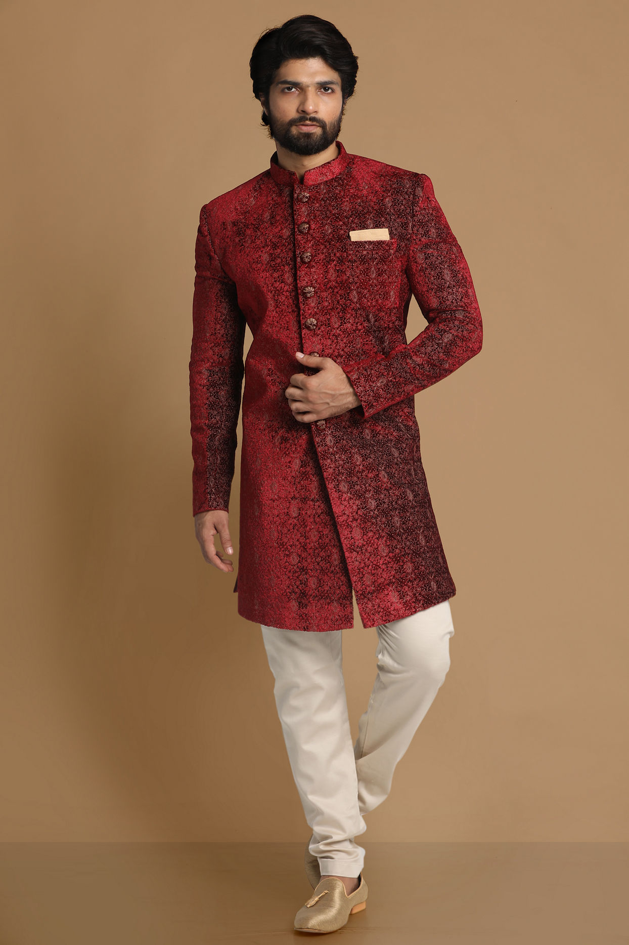 Manyavar Men Regal Maroon Indo Western Set