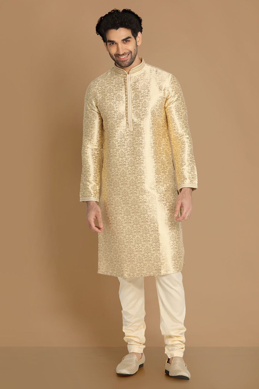 Manyavar Men Beige Jacquard Kurta Set