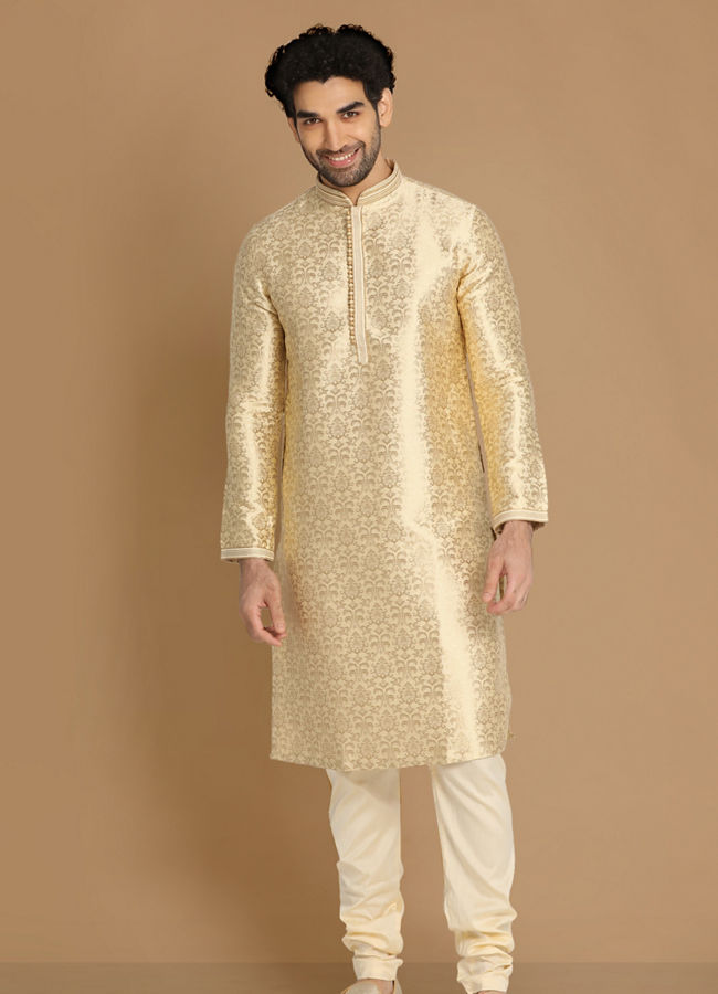 Manyavar Men Beige Jacquard Kurta Set