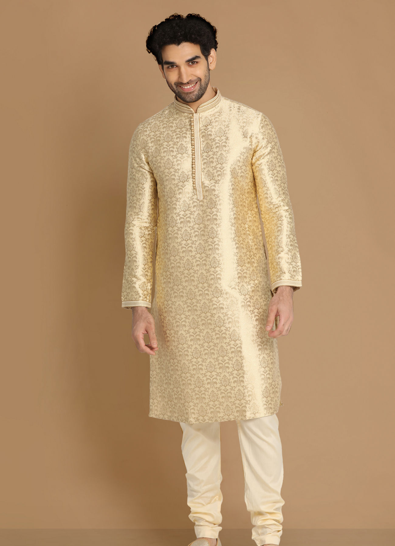 Manyavar Men Beige Jacquard Kurta Set