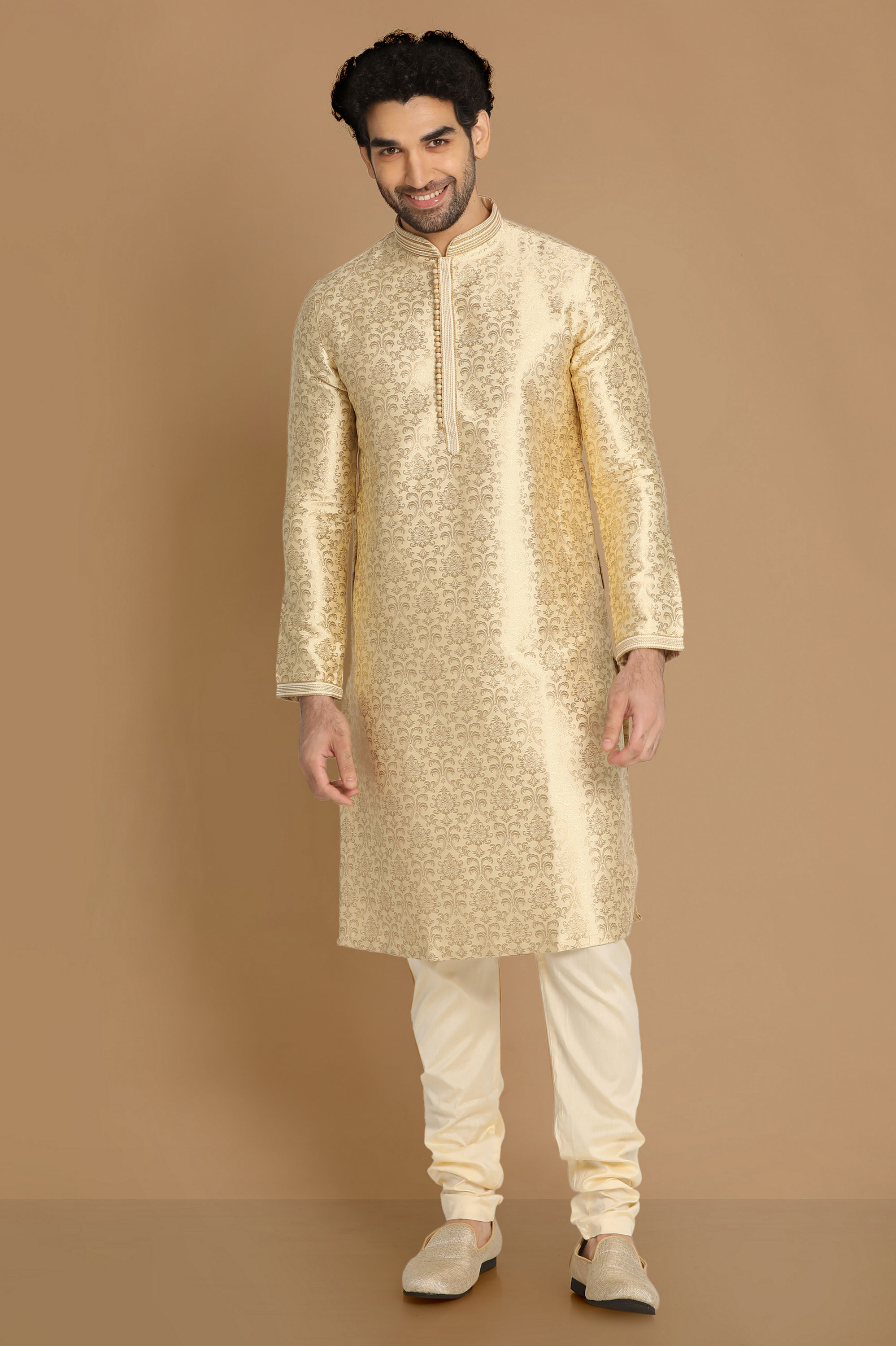 Manyavar Men Beige Jacquard Kurta Set