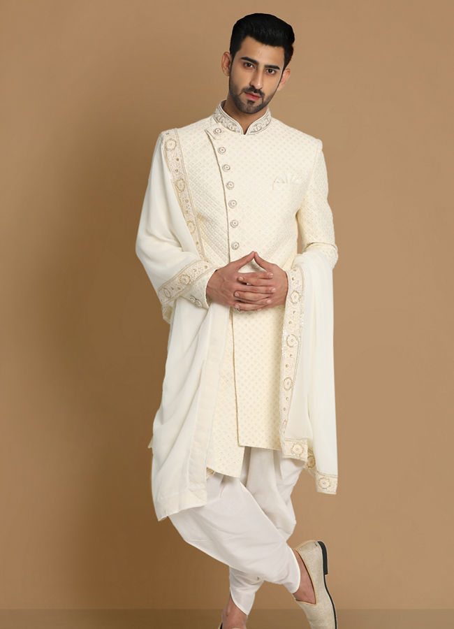 alt message - Manyavar Men Luxe Cream Indo Western Set image number 1