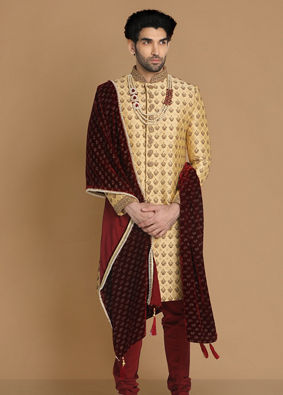 Manyavar Men Plush Fawn Sherwani Suit