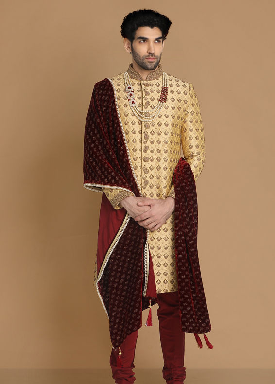 Manyavar Men Plush Fawn Sherwani Suit