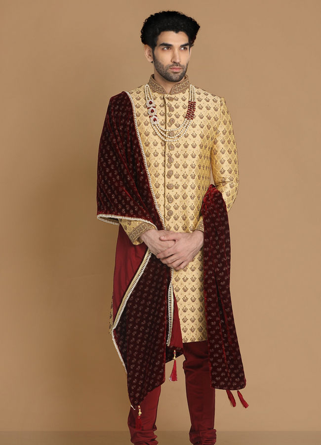 Manyavar Men Plush Fawn Sherwani Suit