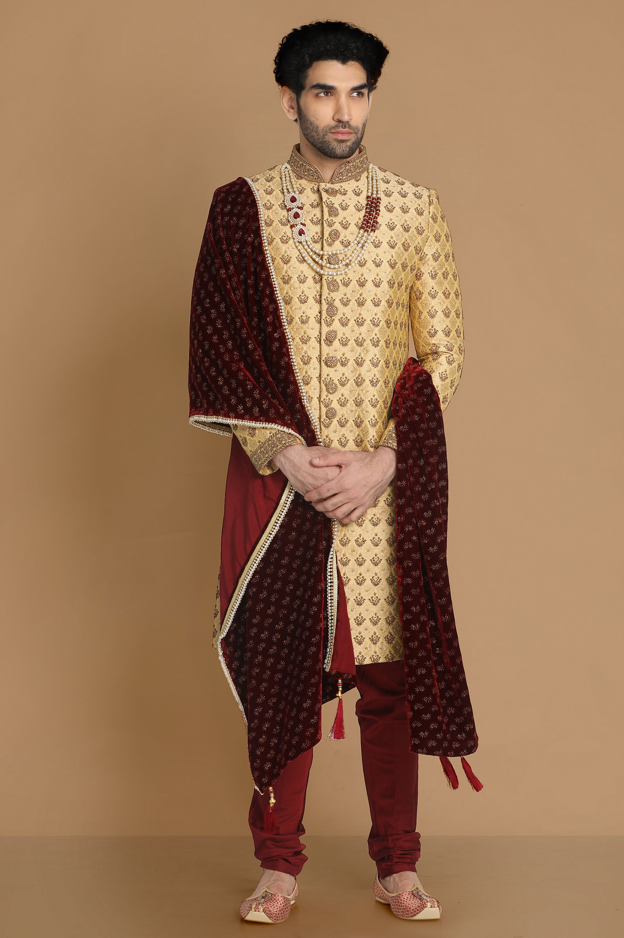 Manyavar Men Plush Fawn Sherwani Suit