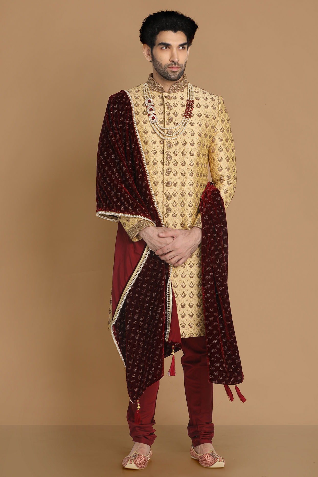 alt message - Manyavar Men Plush Fawn Sherwani Suit image number 1