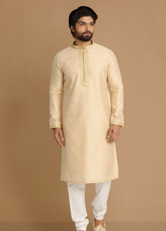 Manyavar Men Beige Self Design Kurta Pajama