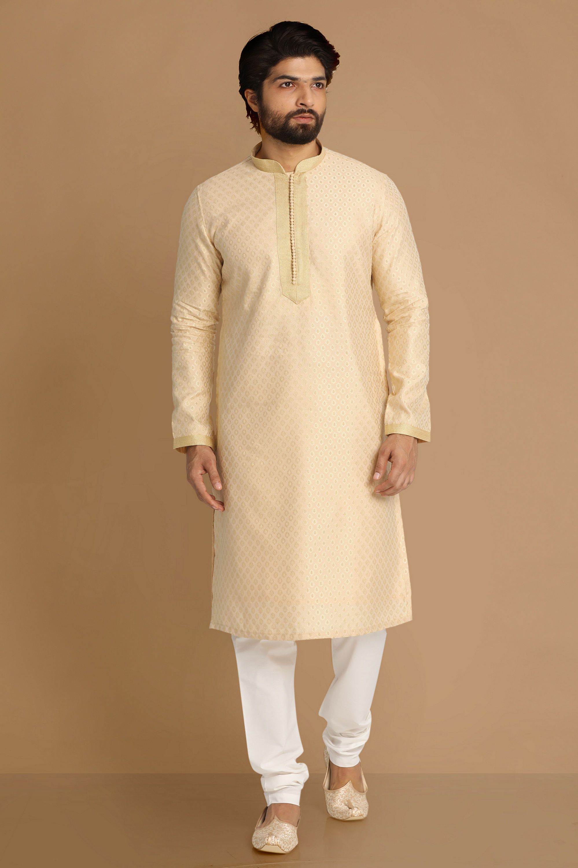 Manyavar Men Beige Self Design Kurta Pajama