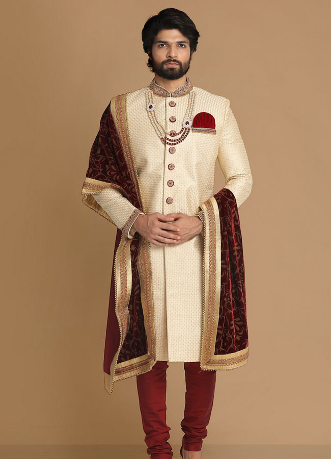 alt message - Manyavar Men Opulent Beige Sherwani Set image number 1