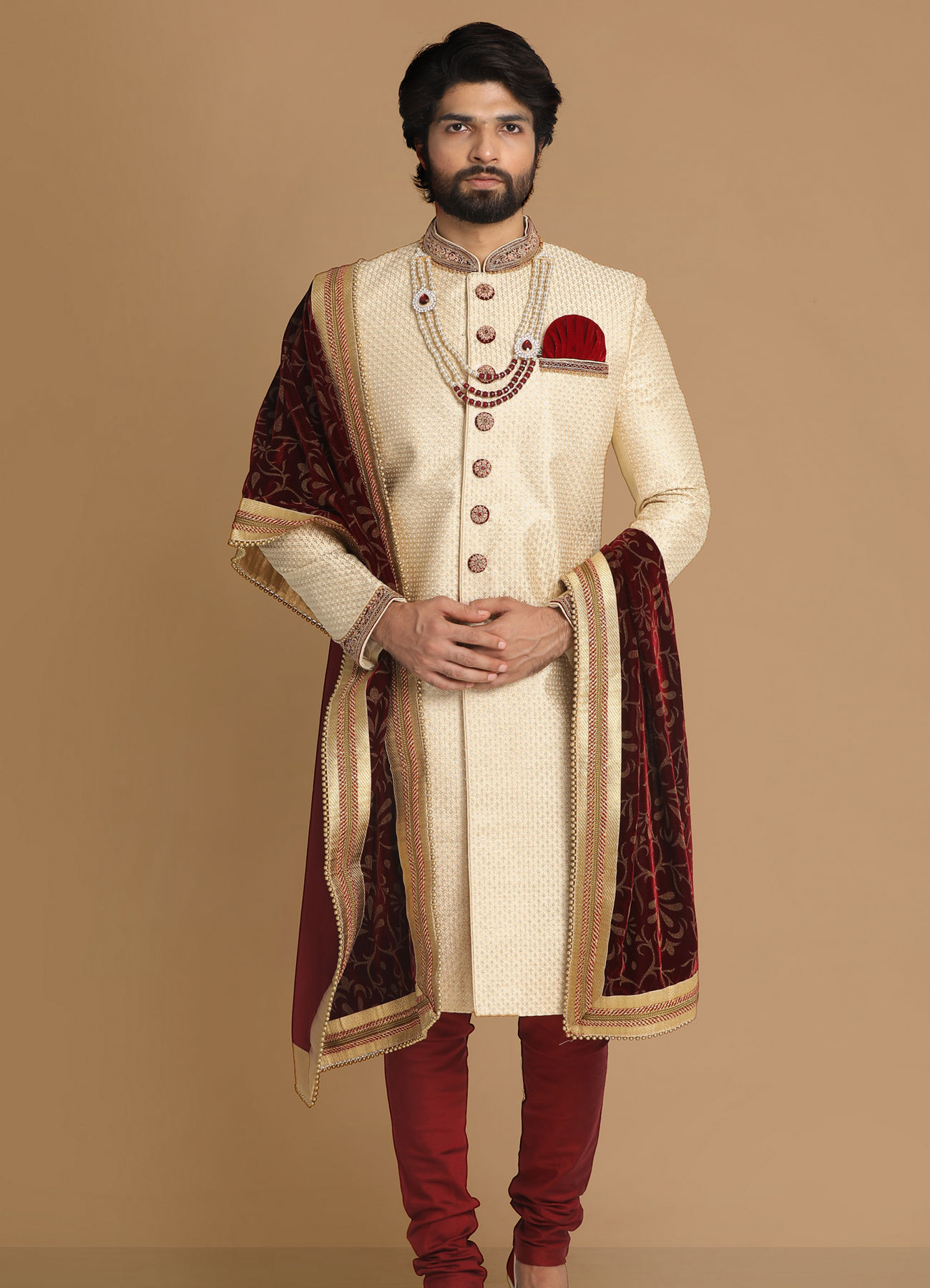 Manyavar Men Opulent Beige Sherwani Set