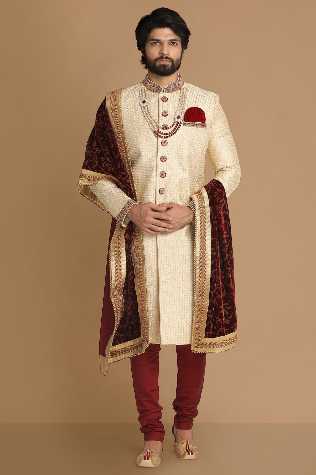 alt message - Manyavar Men Opulent Beige Sherwani Set image number 1