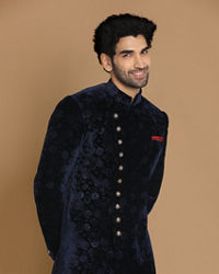 Manyavar Men Fine Blue Velvet Indo Western