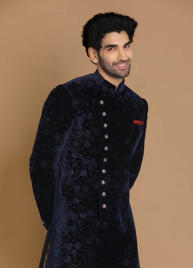 Manyavar Men Fine Blue Velvet Indo Western image number 0