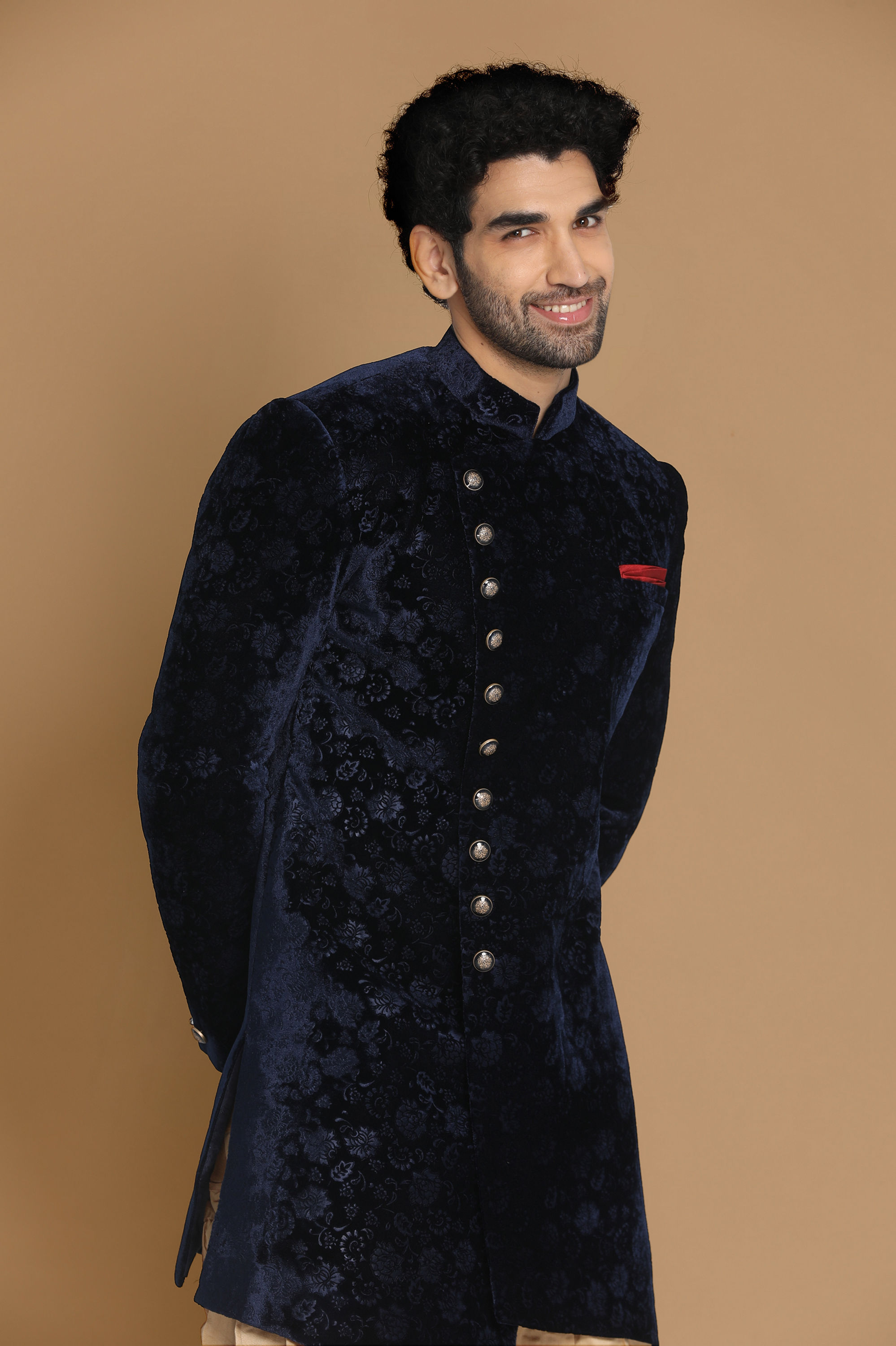 Manyavar Men Fine Blue Velvet Indo Western