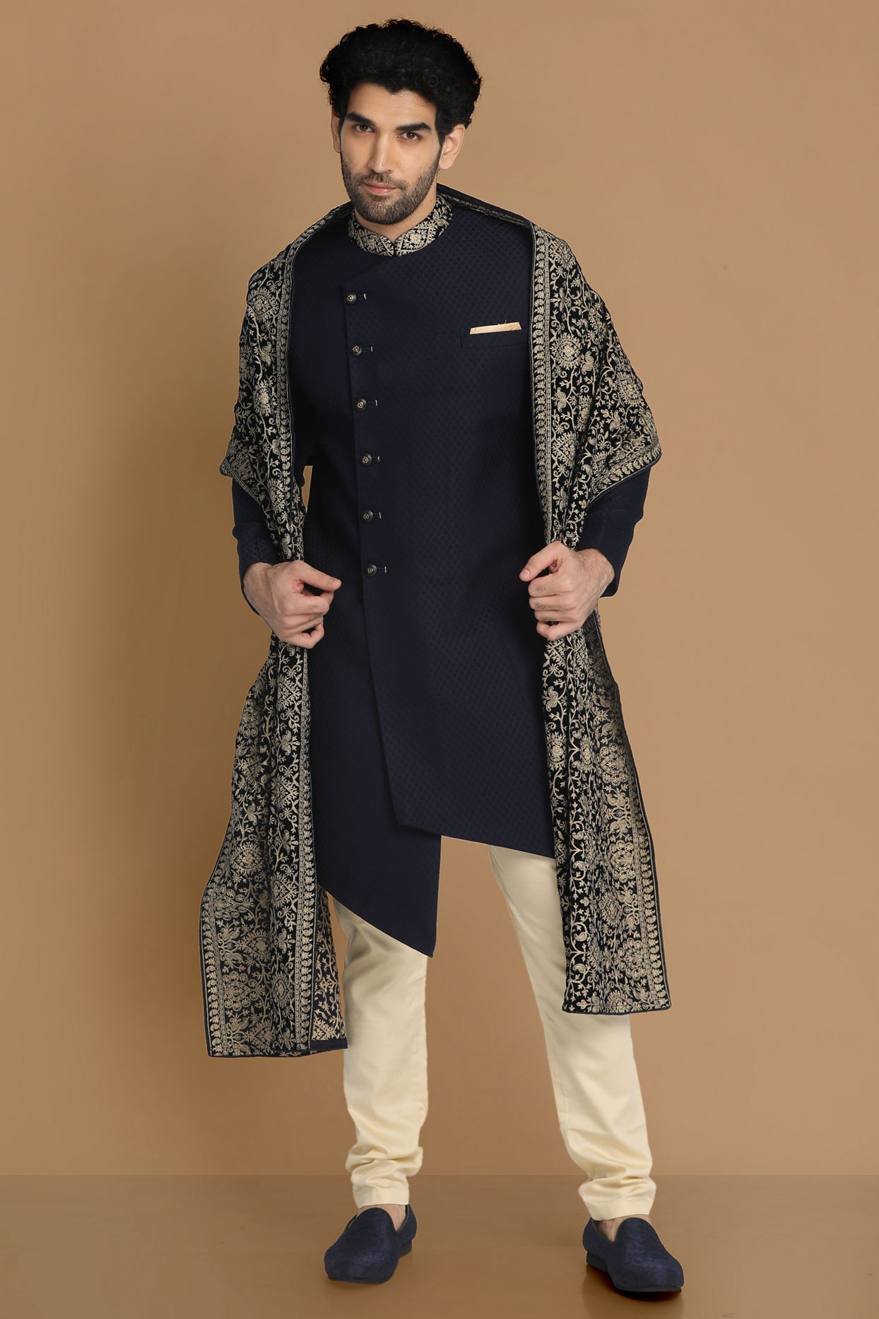 Manyavar Men Achkan Style Blue Indo Western