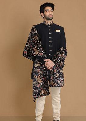 alt message - Manyavar Men Classy Blue Indo Western Set image number 1