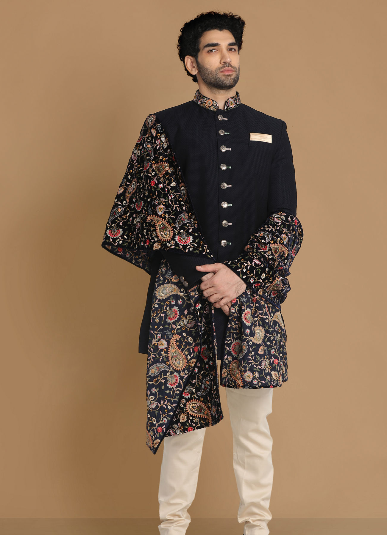 Manyavar Men Classy Blue Indo Western Set