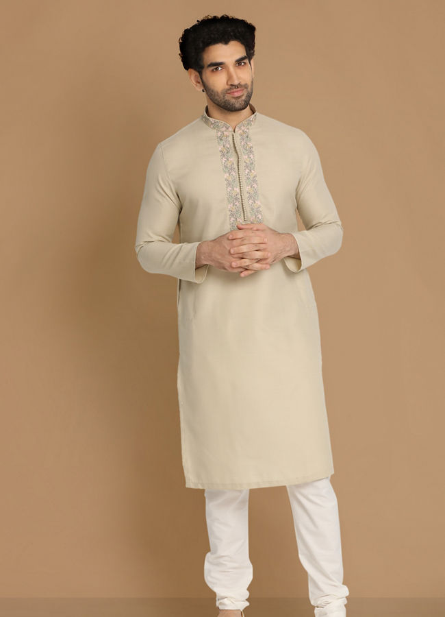 alt message - Manyavar Men Pista Thread Work Kurta Pajama image number 1