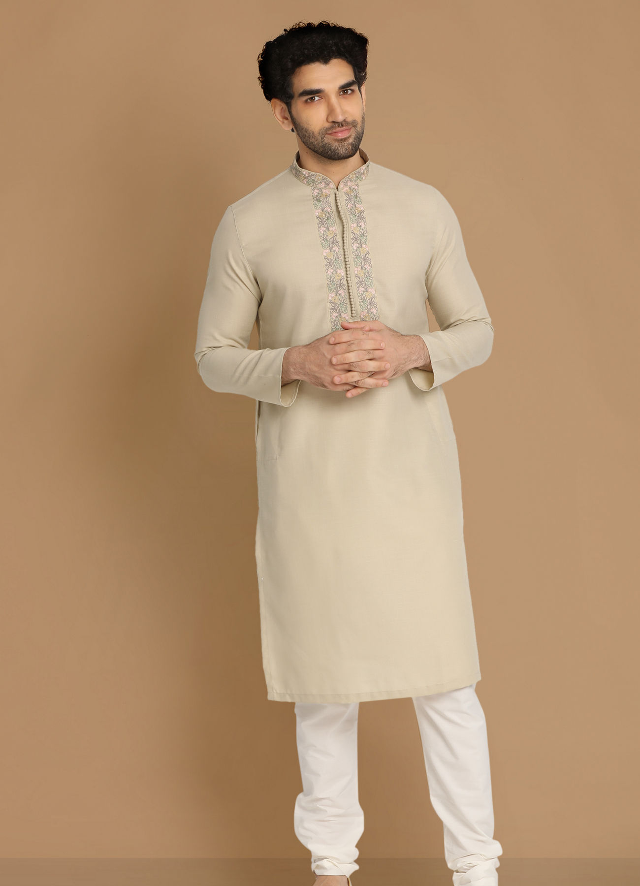 Manyavar Men Pista Thread Work Kurta Pajama