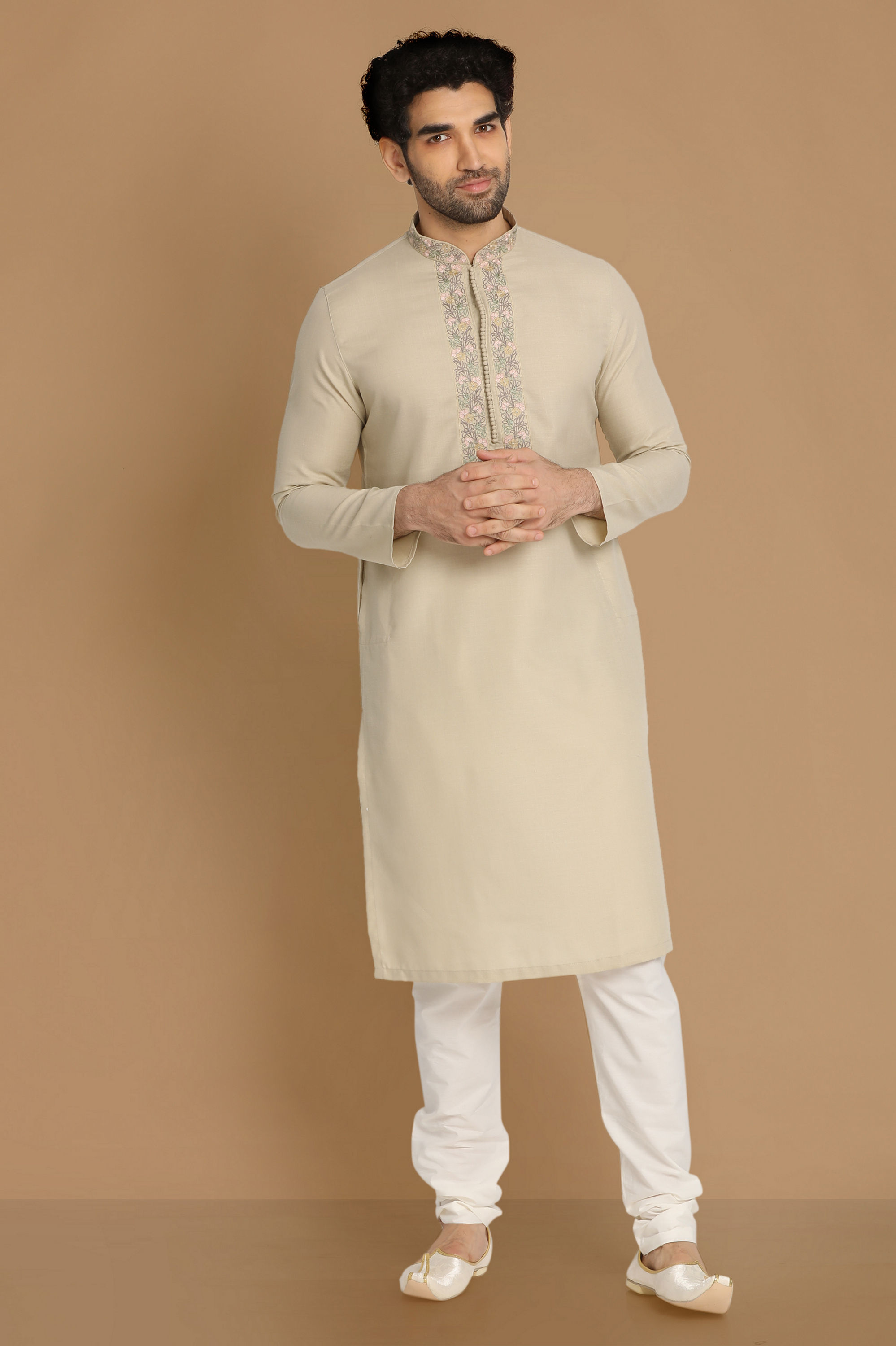 Manyavar Men Pista Thread Work Kurta Pajama