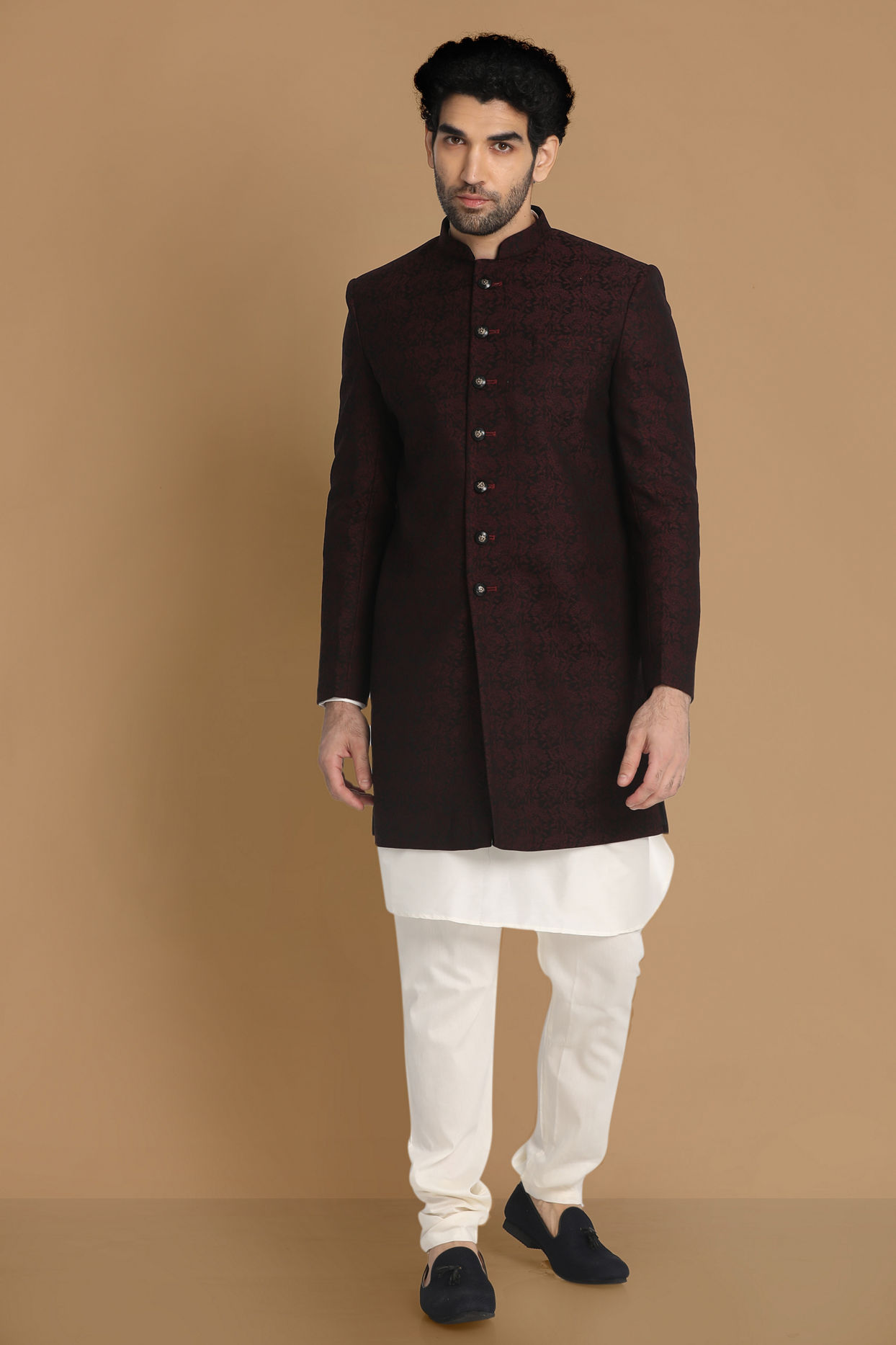 alt message - Manyavar Men Striking Maroon Indo-Western image number 1