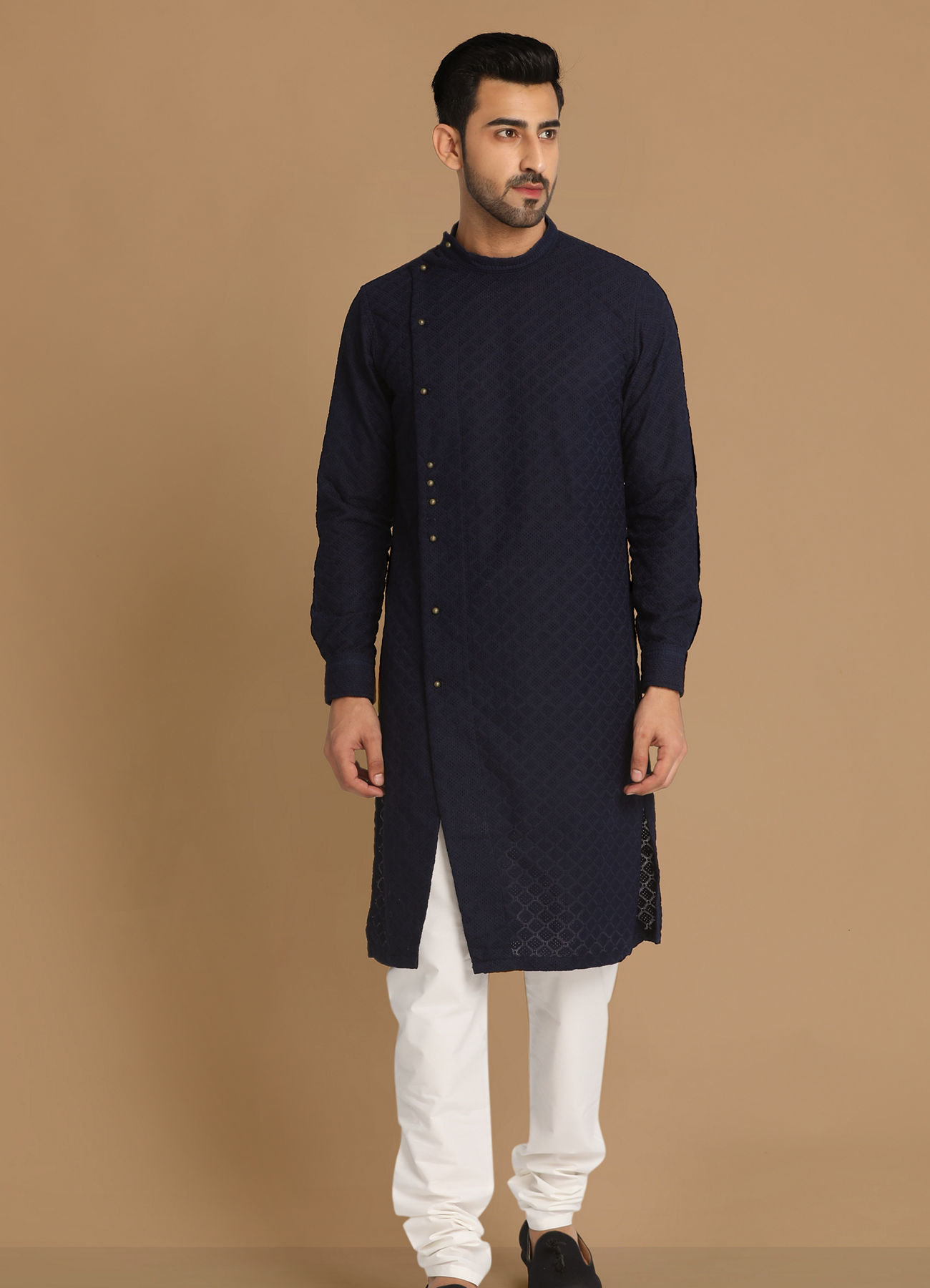 Manyavar Men Navy Blue Side Open Kurta Pajama