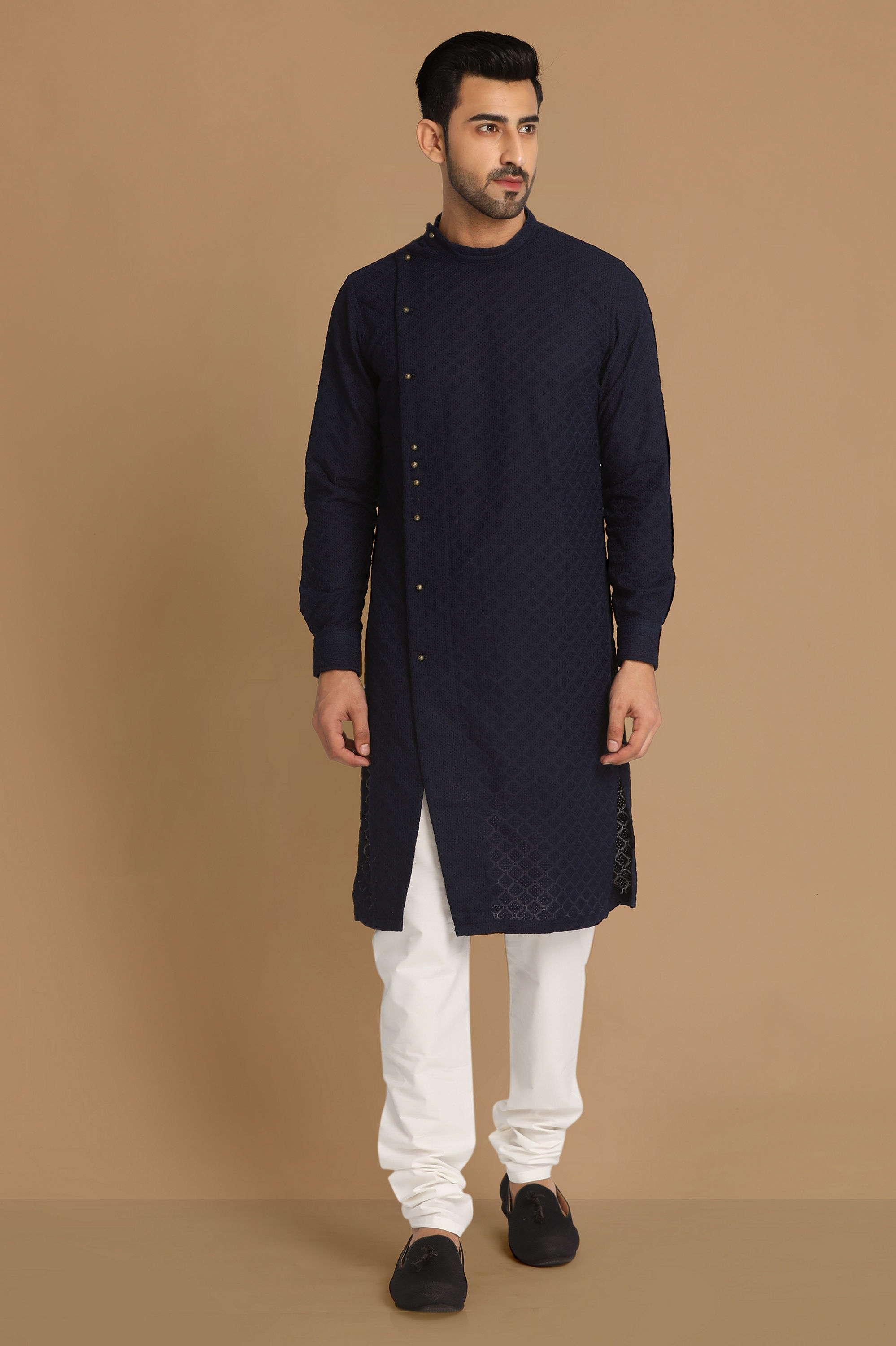 Manyavar Men Navy Blue Side Open Kurta Pajama