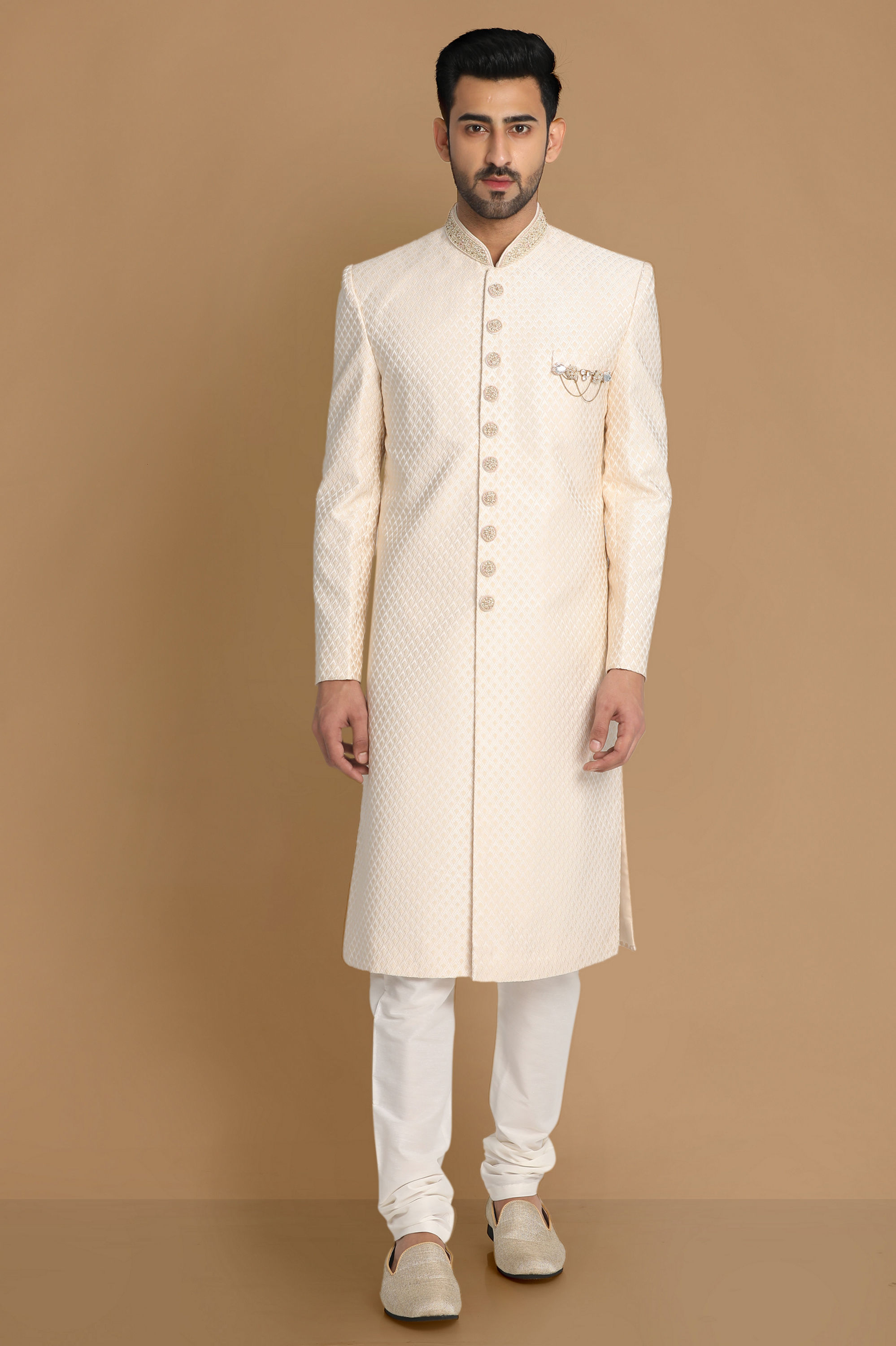 Manyavar Men Beige Brocade Sherwani Set