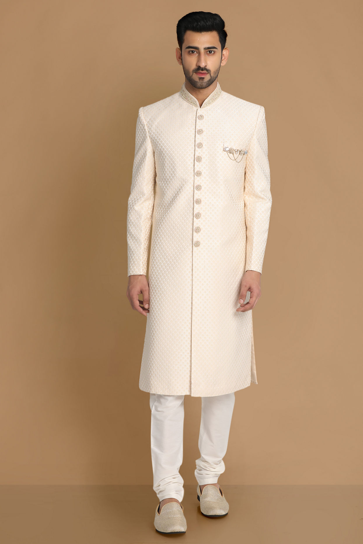 alt message - Manyavar Men Beige Brocade Sherwani Set image number 1