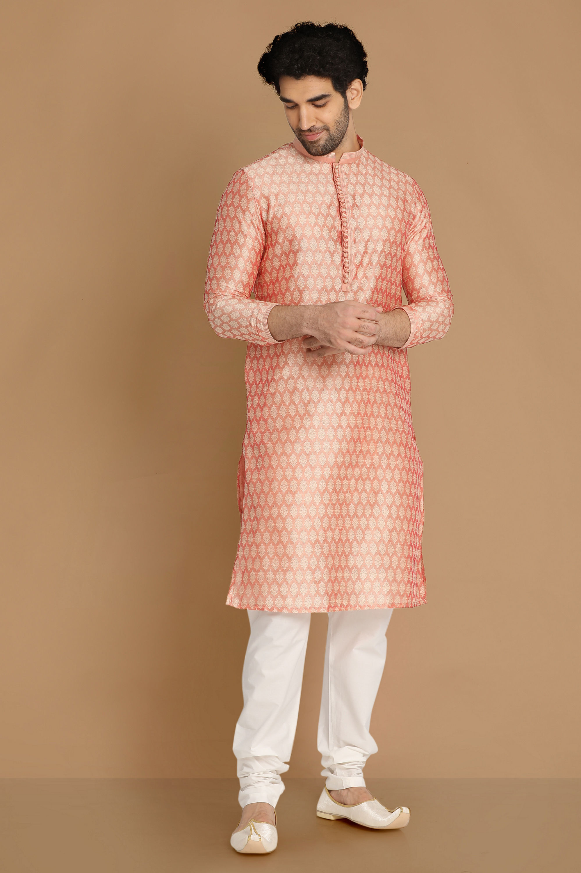 Manyavar Men Light Pink Self Design Kurta Pajama