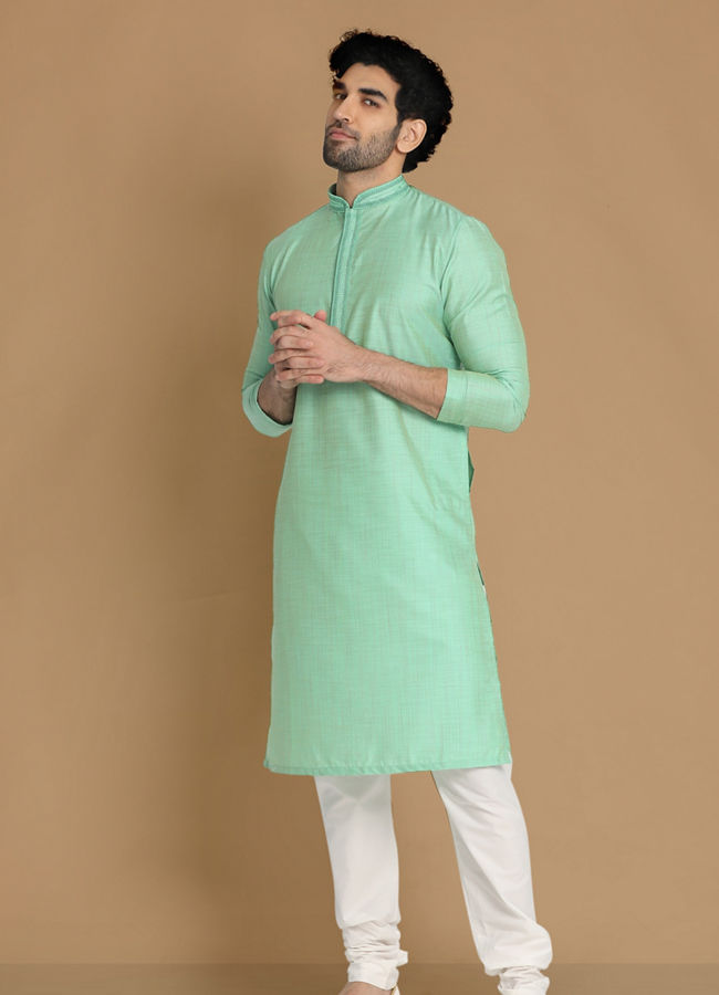 alt message - Manyavar Men Plush Light Green Kurta Pajama image number 1